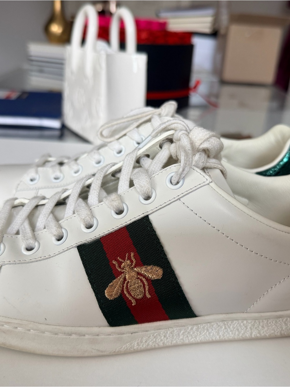 Gucci White Leather Sneakers with Red & Green Web and Gold Bee